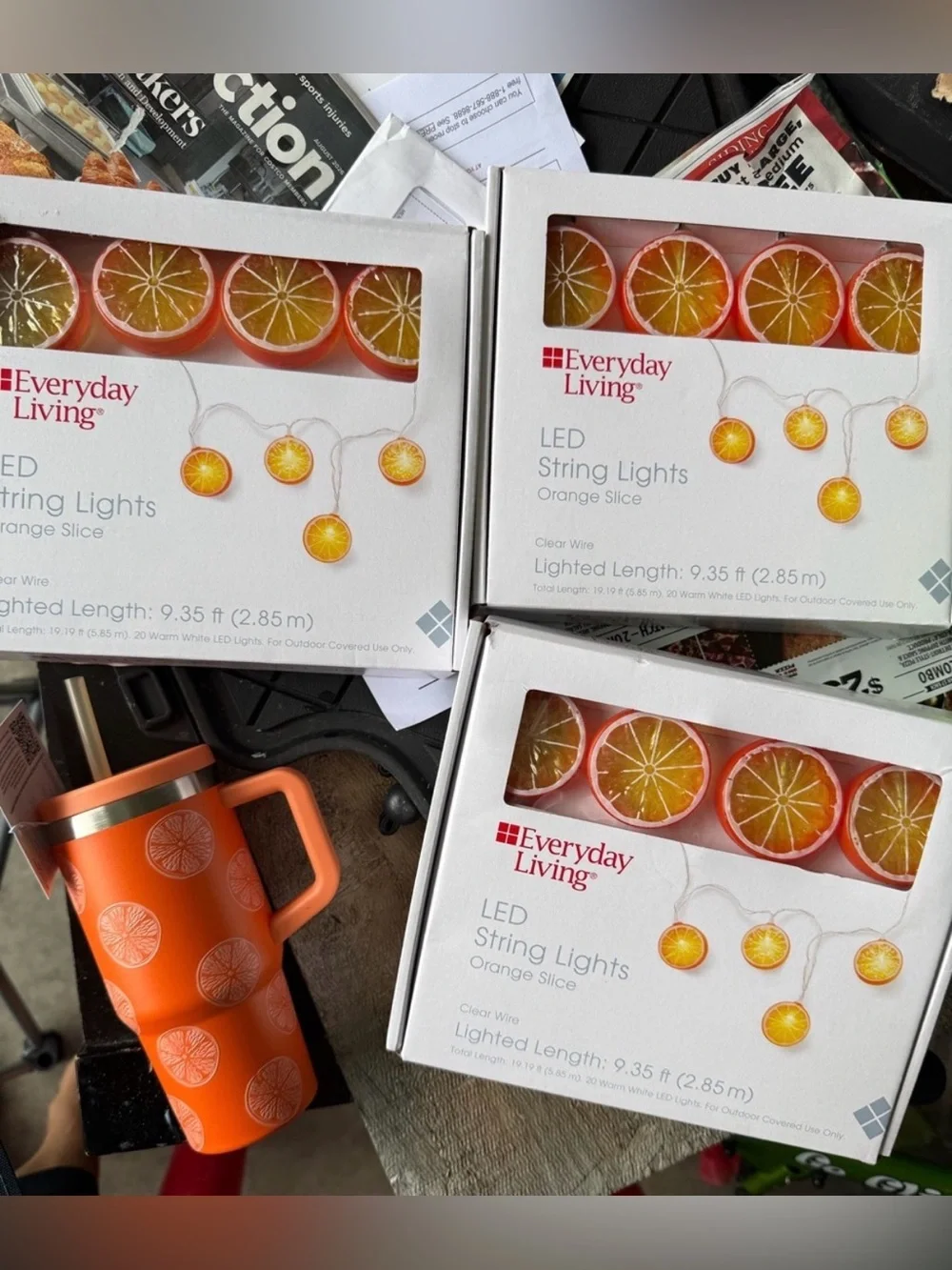 3 boxes of Orange Slice LED String Lights  and MATCHING TUMBLER THERMO MUG